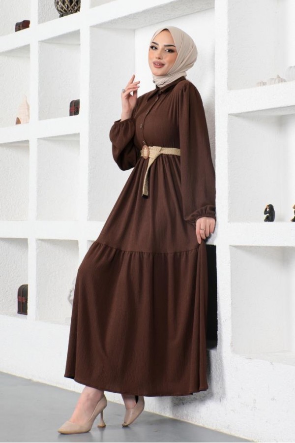  Bürümcük Kemerli Elbise Kahverengi 61540
