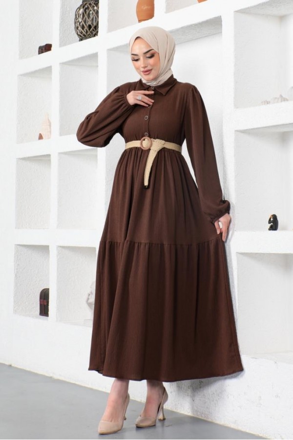  Bürümcük Kemerli Elbise Kahverengi 61540