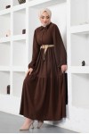  Bürümcük Kemerli Elbise Kahverengi 61540