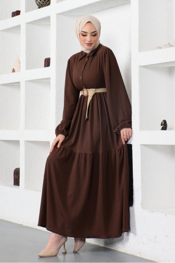  Bürümcük Kemerli Elbise Kahverengi 61540