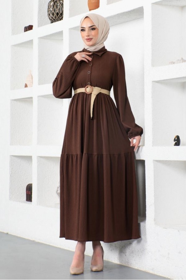  Bürümcük Kemerli Elbise Kahverengi 61540