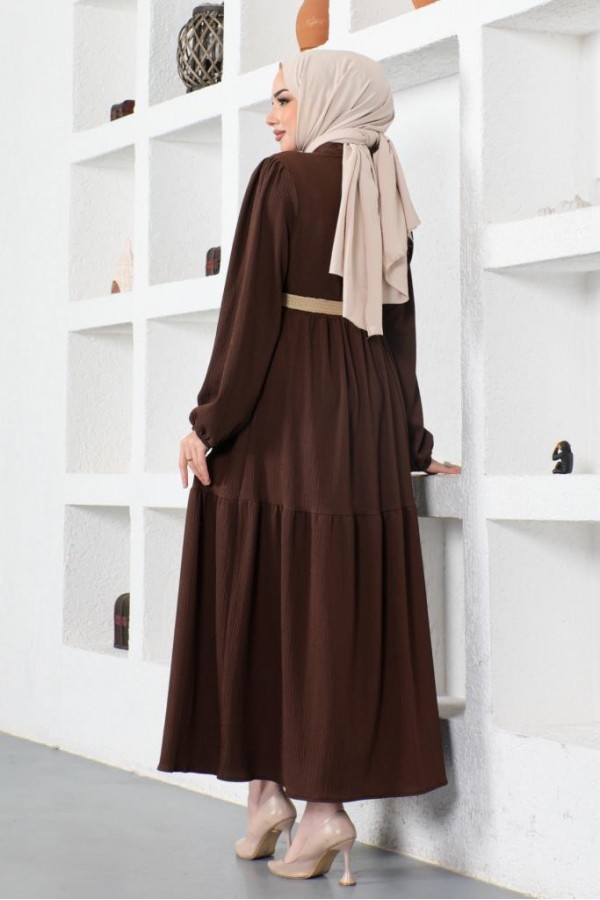  Bürümcük Kemerli Elbise Kahverengi 61540