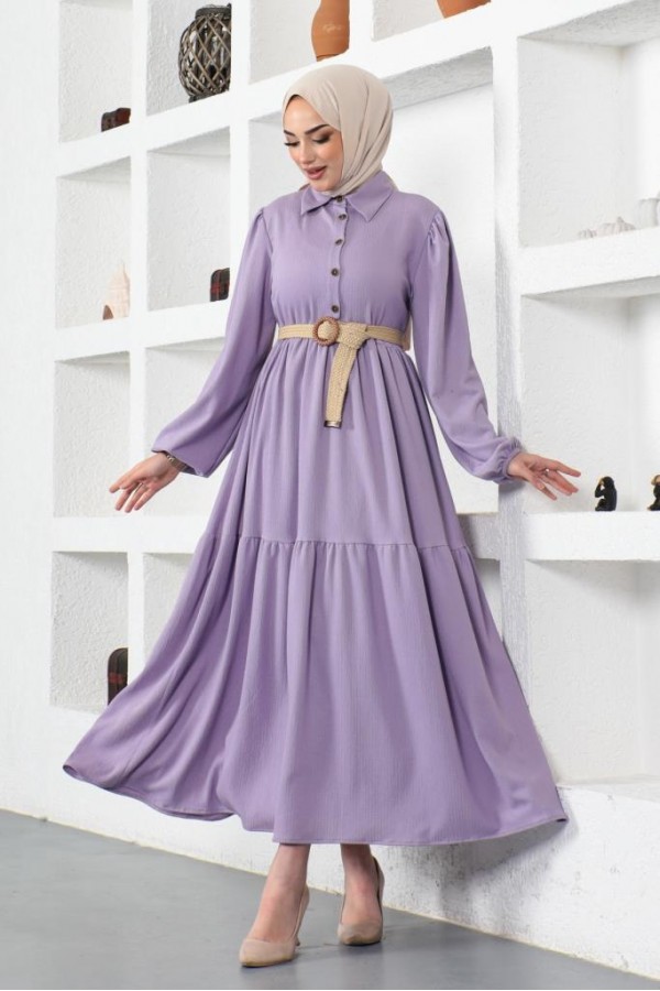  Bürümcük Kemerli Elbise Lila 61540