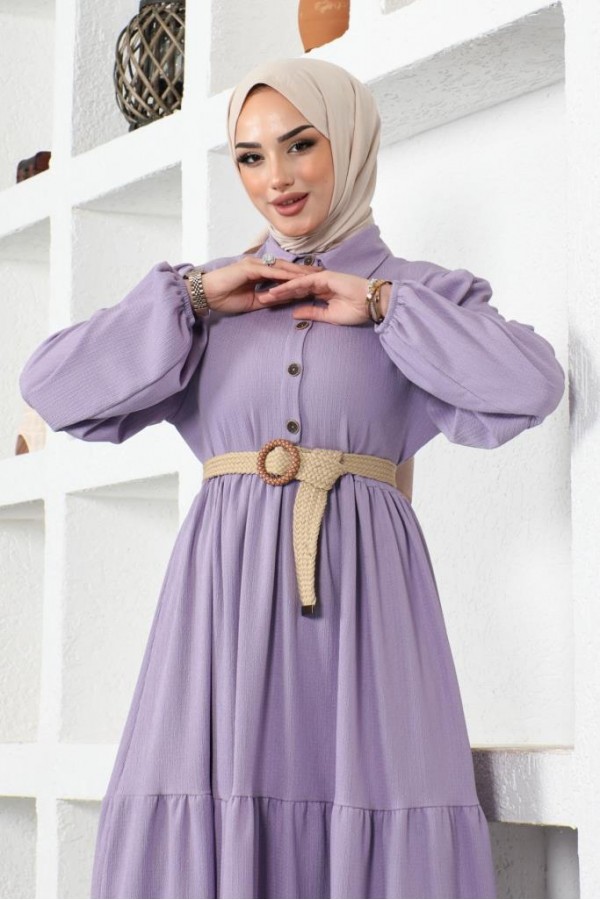 Bürümcük Kemerli Elbise Lila 61540