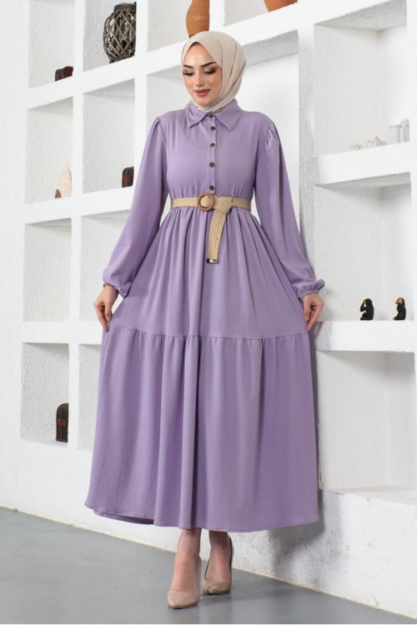 Bürümcük Kemerli Elbise Lila 61540