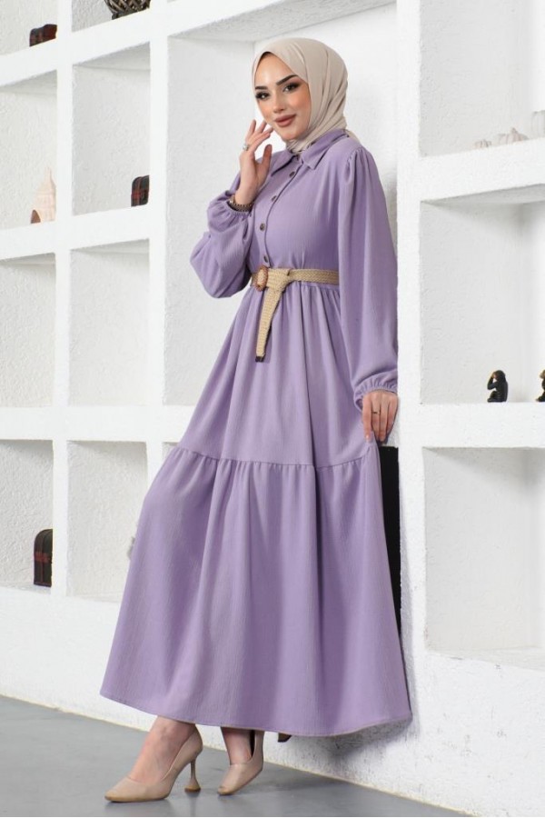  Bürümcük Kemerli Elbise Lila 61540