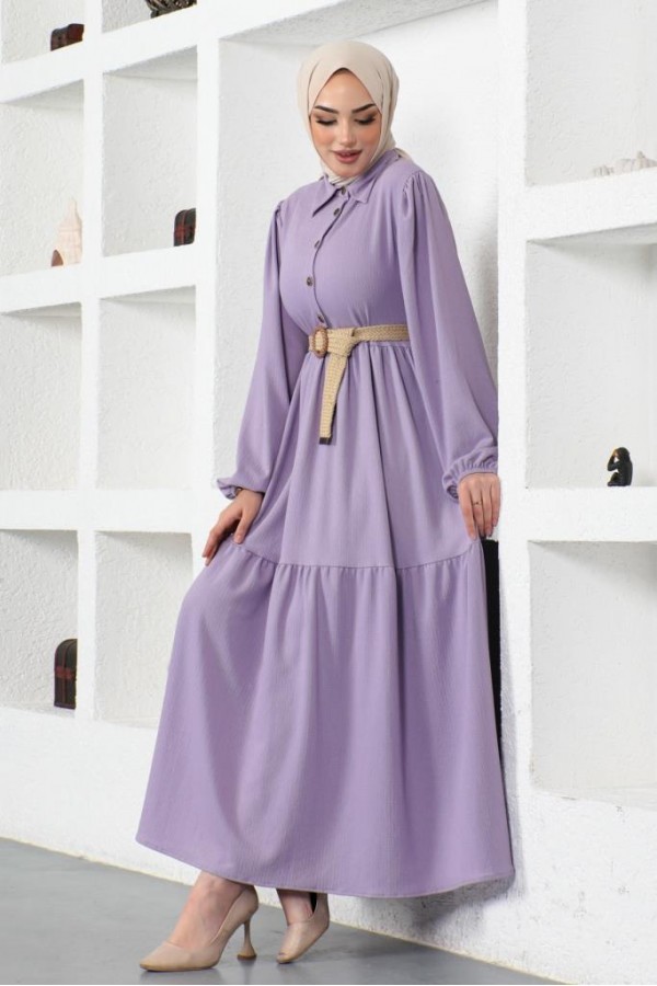  Bürümcük Kemerli Elbise Lila 61540