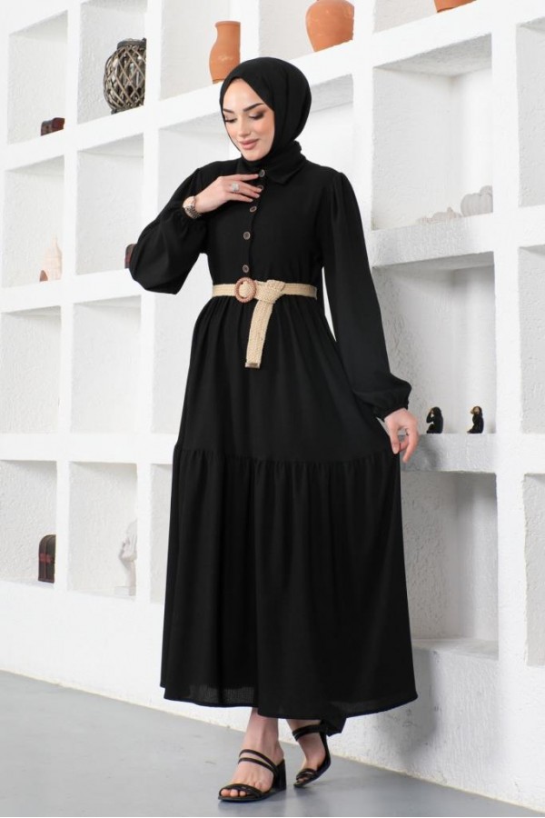  Bürümcük Kemerli Elbise Siyah 61540