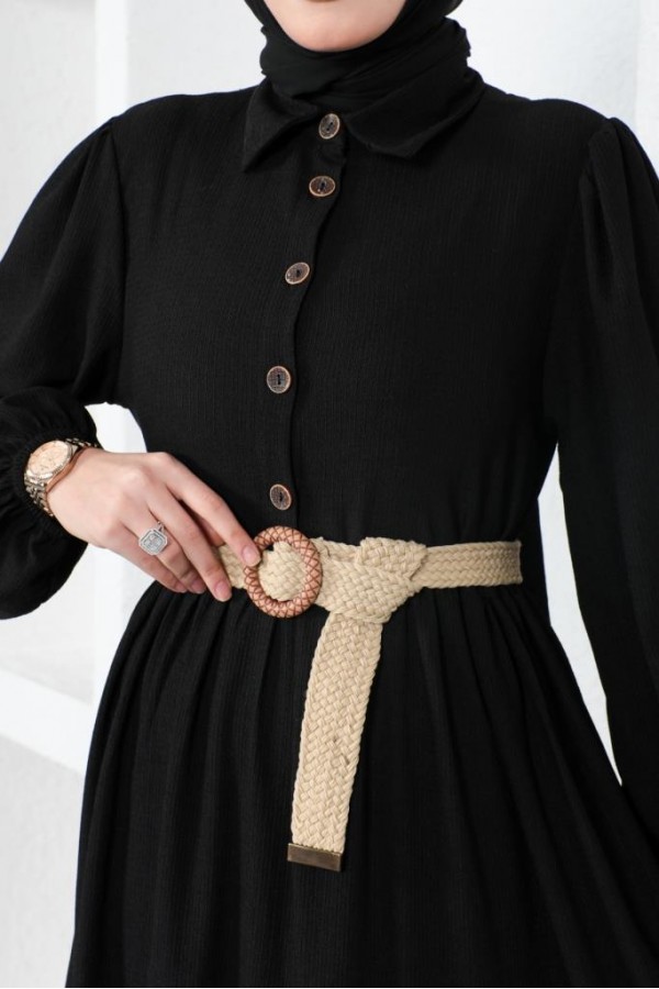  Bürümcük Kemerli Elbise Siyah 61540