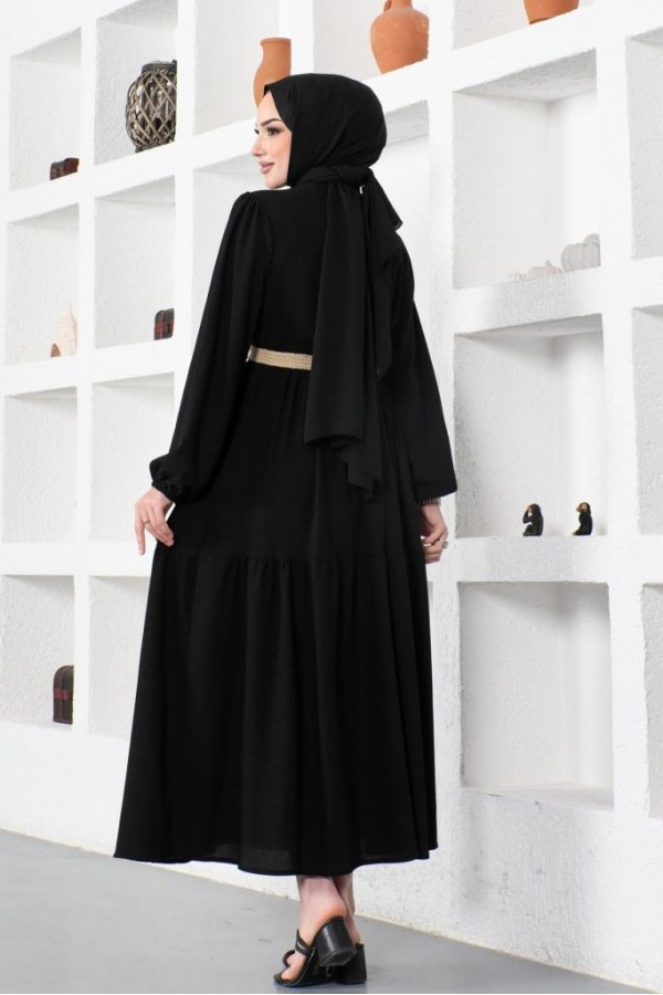  Bürümcük Kemerli Elbise Siyah 61540