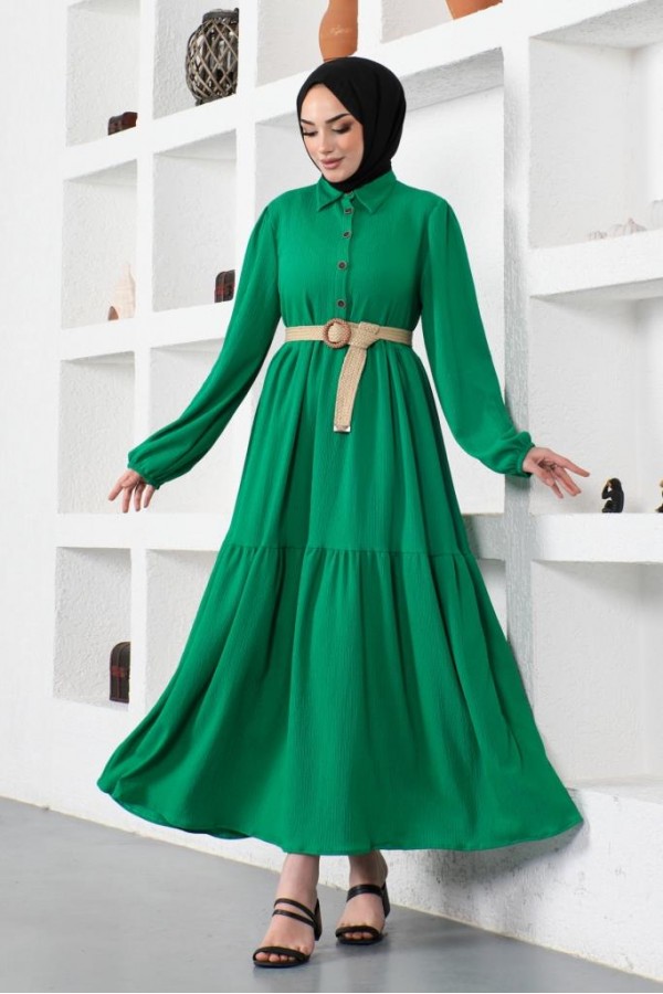  Bürümcük Kemerli Elbise Yeşil 61540