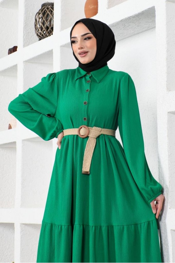  Bürümcük Kemerli Elbise Yeşil 61540