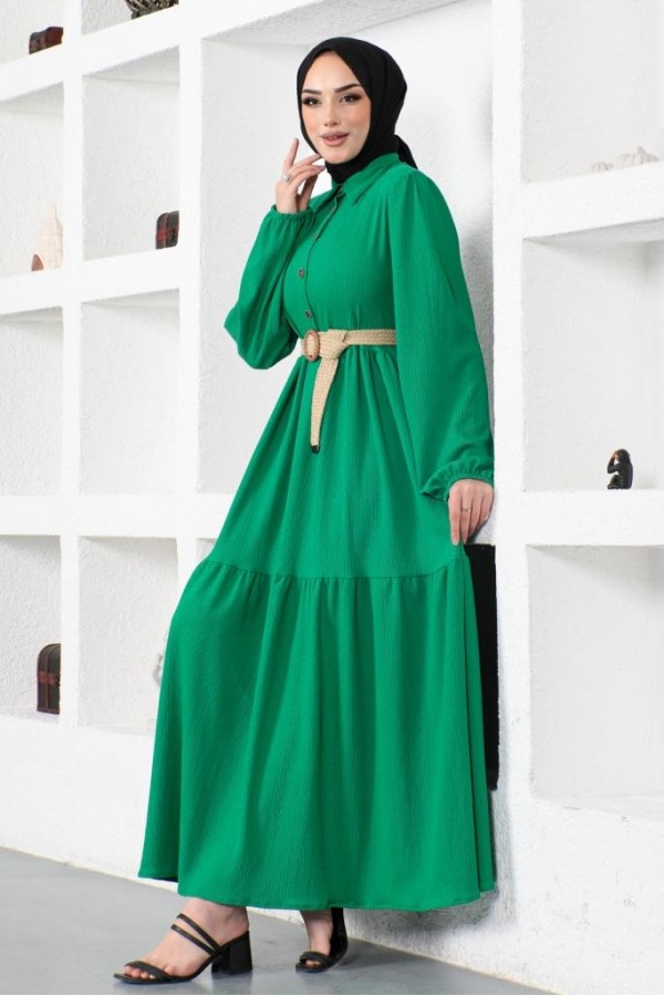  Bürümcük Kemerli Elbise Yeşil 61540