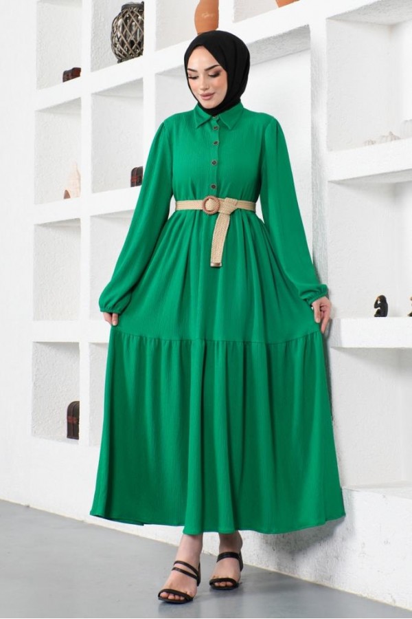  Bürümcük Kemerli Elbise Yeşil 61540