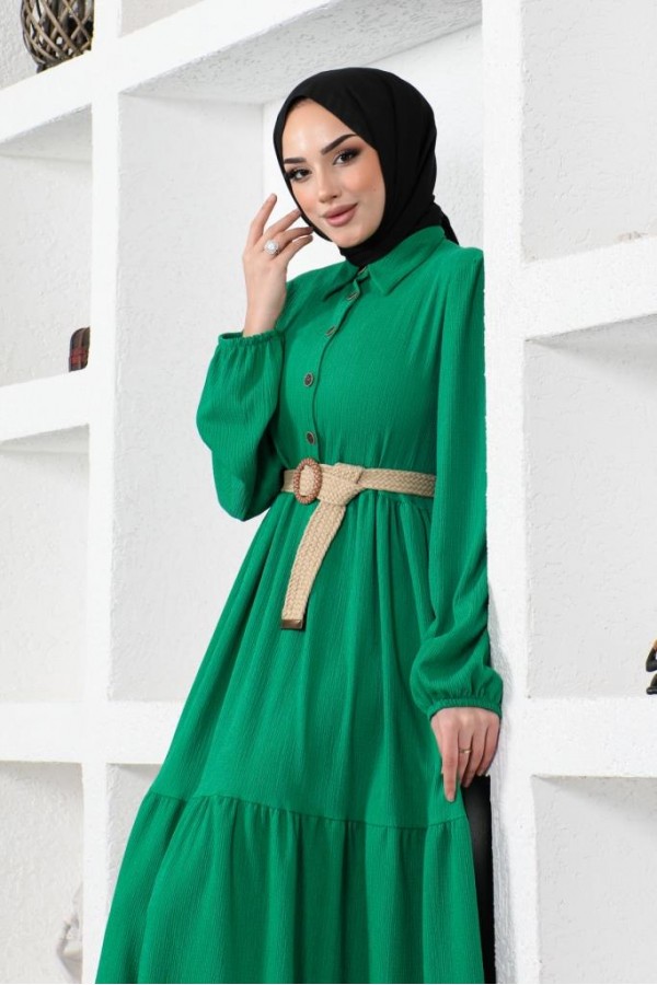  Bürümcük Kemerli Elbise Yeşil 61540