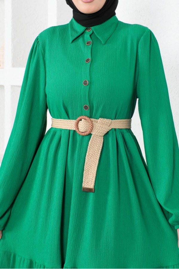  Bürümcük Kemerli Elbise Yeşil 61540