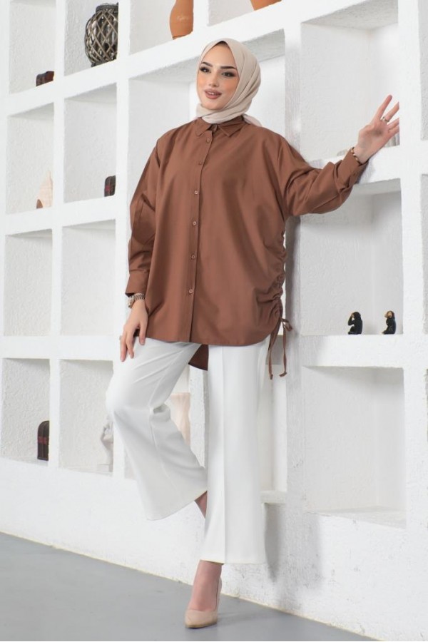  Yanları Büzgülü Gömlek Kahverengi 61551