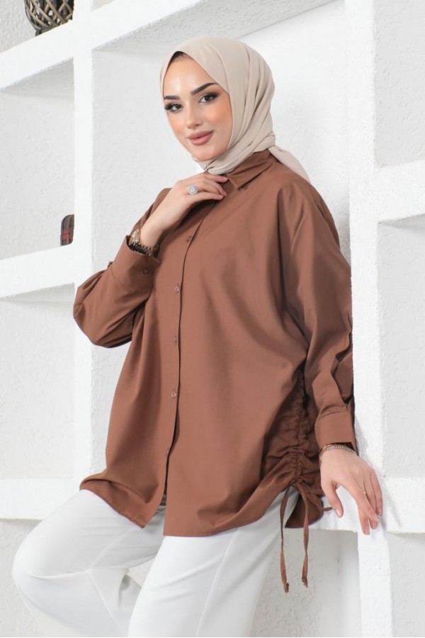  Yanları Büzgülü Gömlek Kahverengi 61551