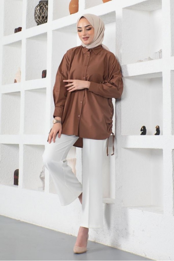  Yanları Büzgülü Gömlek Kahverengi 61551