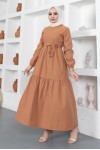 Sıfır Yaka Beli Kuşaklı Tesettür Elbise Camel 411 Sıfır Yaka Beli Kuşaklı Tesettür Elbise Camel 411