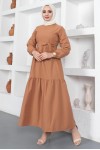 Sıfır Yaka Beli Kuşaklı Tesettür Elbise Camel 411 Sıfır Yaka Beli Kuşaklı Tesettür Elbise Camel 411