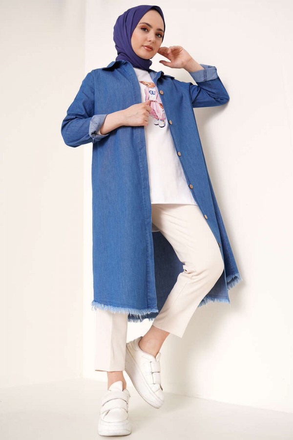 Eteği Püsküllü Kot Tunik Lacivert 0527