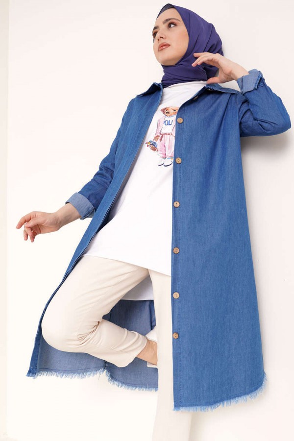  Eteği Püsküllü Kot Tunik Lacivert 0527