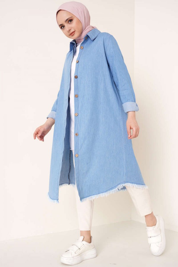  Eteği Püsküllü Kot Tunik Mavi 0527
