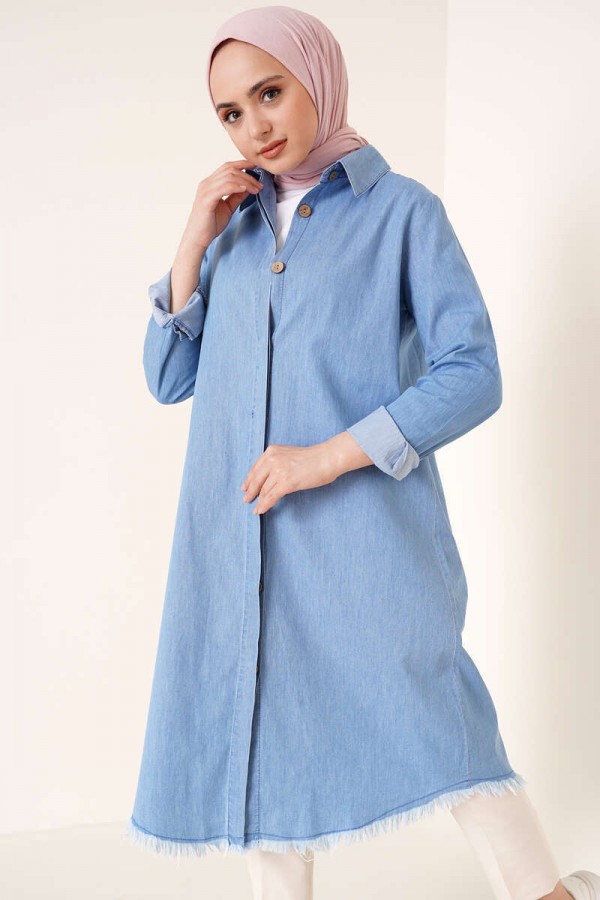  Eteği Püsküllü Kot Tunik Mavi 0527