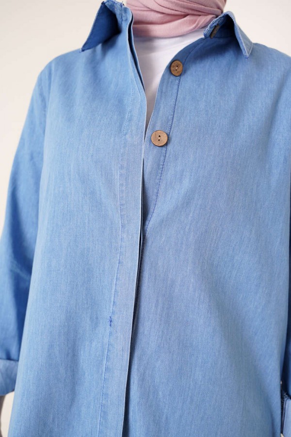  Eteği Püsküllü Kot Tunik Mavi 0527