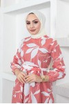  Desenli Tesettür Elbise Gül Kurusu 437