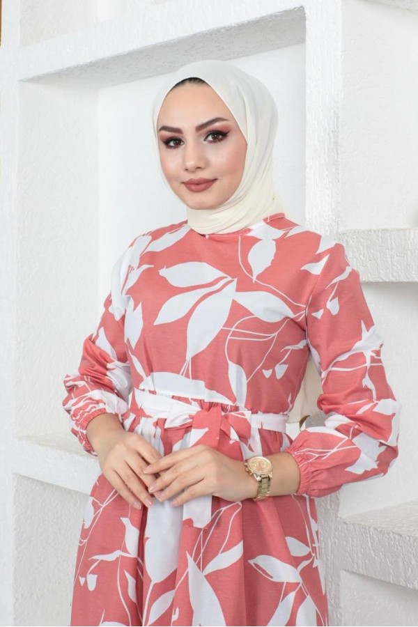  Desenli Tesettür Elbise Gül Kurusu 437