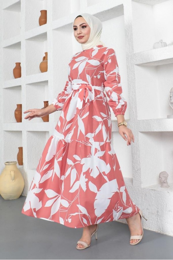  Desenli Tesettür Elbise Gül Kurusu 437