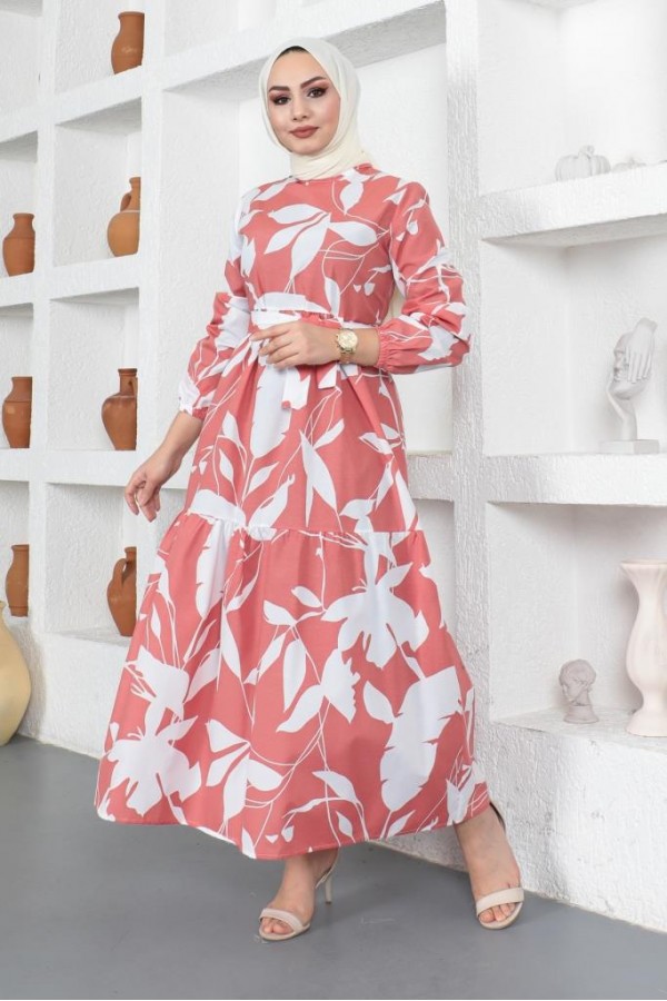  Desenli Tesettür Elbise Gül Kurusu 437