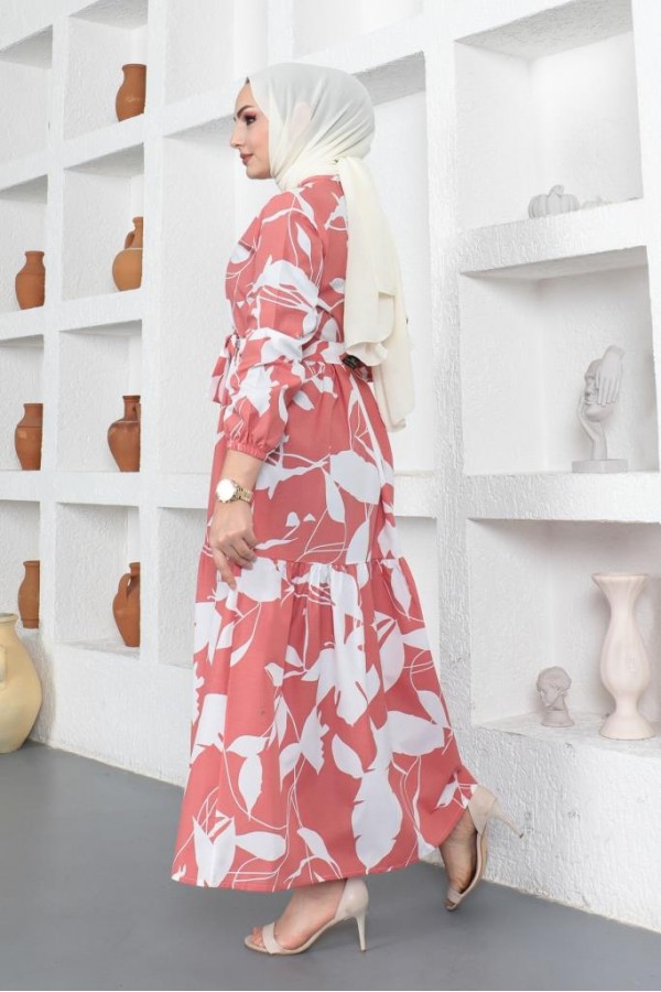  Desenli Tesettür Elbise Gül Kurusu 437