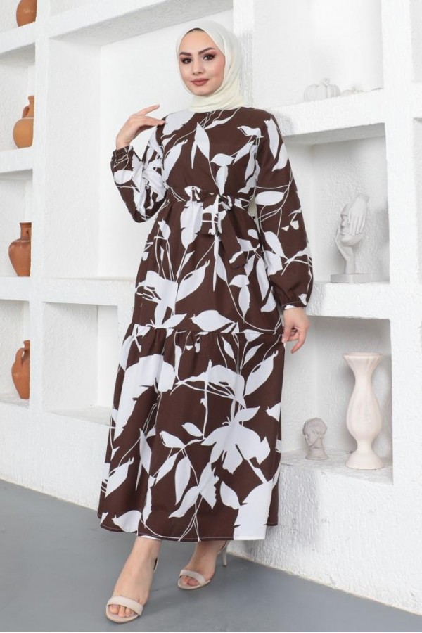  Desenli Tesettür Elbise Kahverengi 437