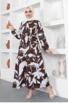  Desenli Tesettür Elbise Kahverengi 437