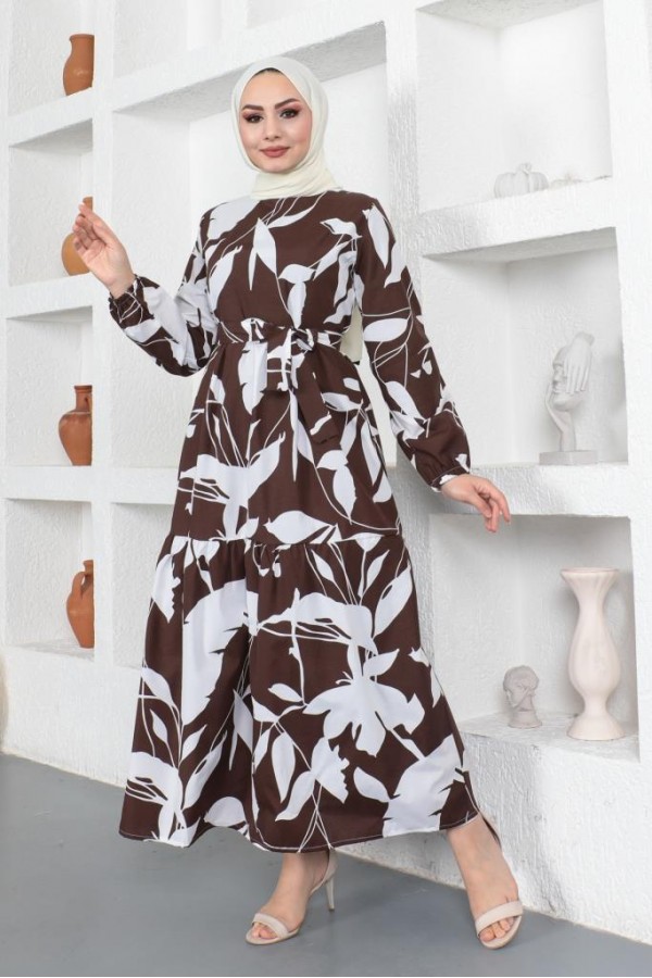  Desenli Tesettür Elbise Kahverengi 437