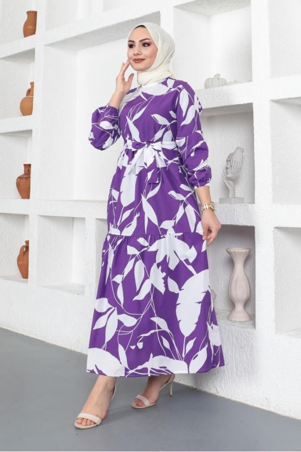  Desenli Tesettür Elbise Mor 437