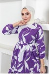  Desenli Tesettür Elbise Mor 437