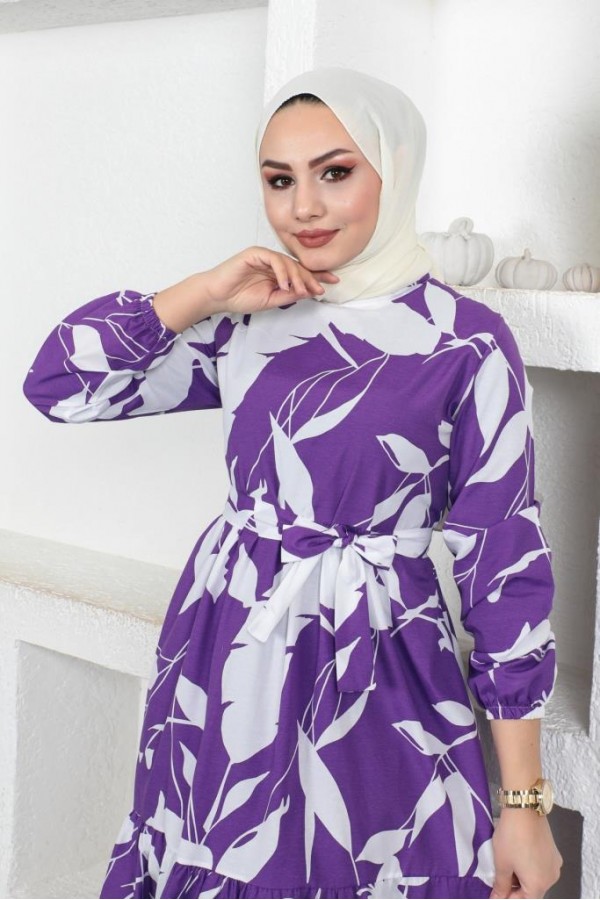  Desenli Tesettür Elbise Mor 437