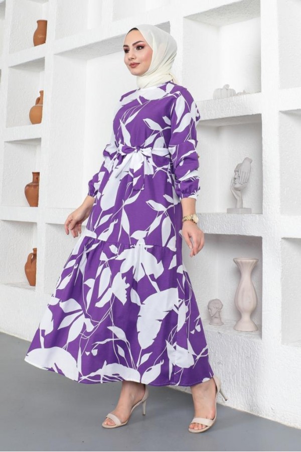  Desenli Tesettür Elbise Mor 437