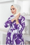  Desenli Tesettür Elbise Mor 437