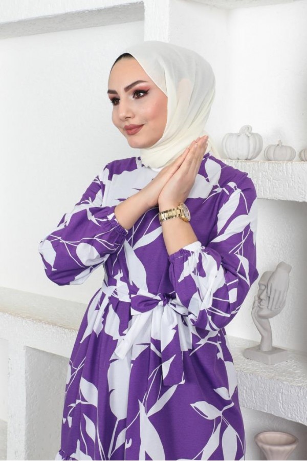  Desenli Tesettür Elbise Mor 437