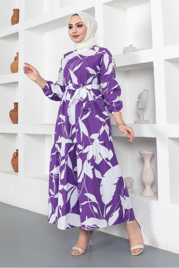  Desenli Tesettür Elbise Mor 437