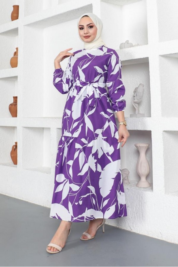  Desenli Tesettür Elbise Mor 437