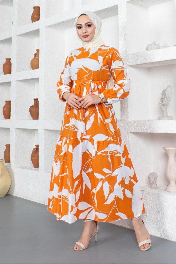  Desenli Tesettür Elbise Oranj 437