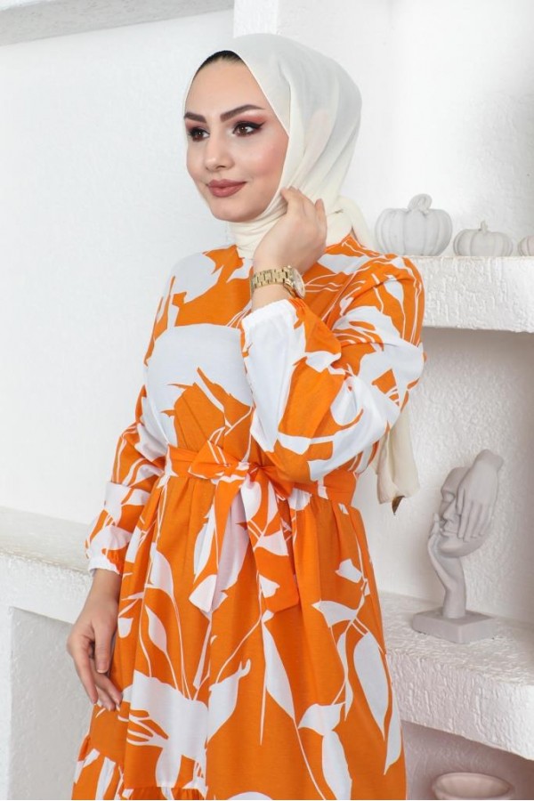  Desenli Tesettür Elbise Oranj 437
