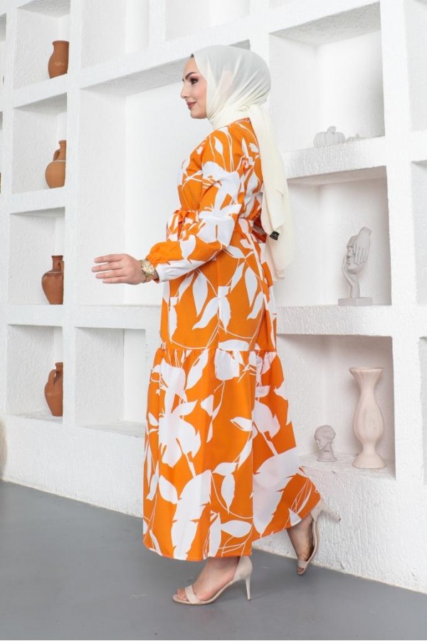  Desenli Tesettür Elbise Oranj 437