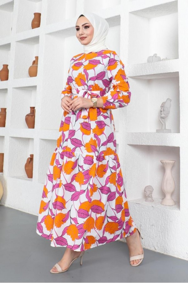  Desenli Tesettür Elbise Oranj 438